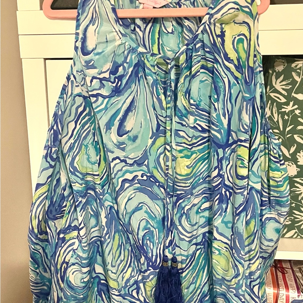 Lilly Pulitzer Finch Top Cold Shoulder Silk Blouse Oh Shucks w/ Tassels Small